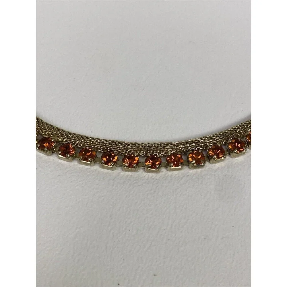 Weiss Gold Tone Mesh Amber Orange Rhinestone Necklace & Bracelet Set Vintage